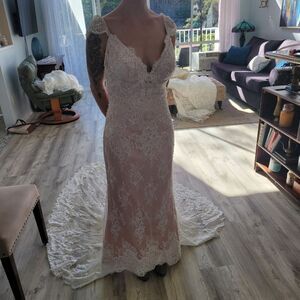 Beaded Lace Mermaid Wedding Dress Scalloped Neckline Low Back in Blush